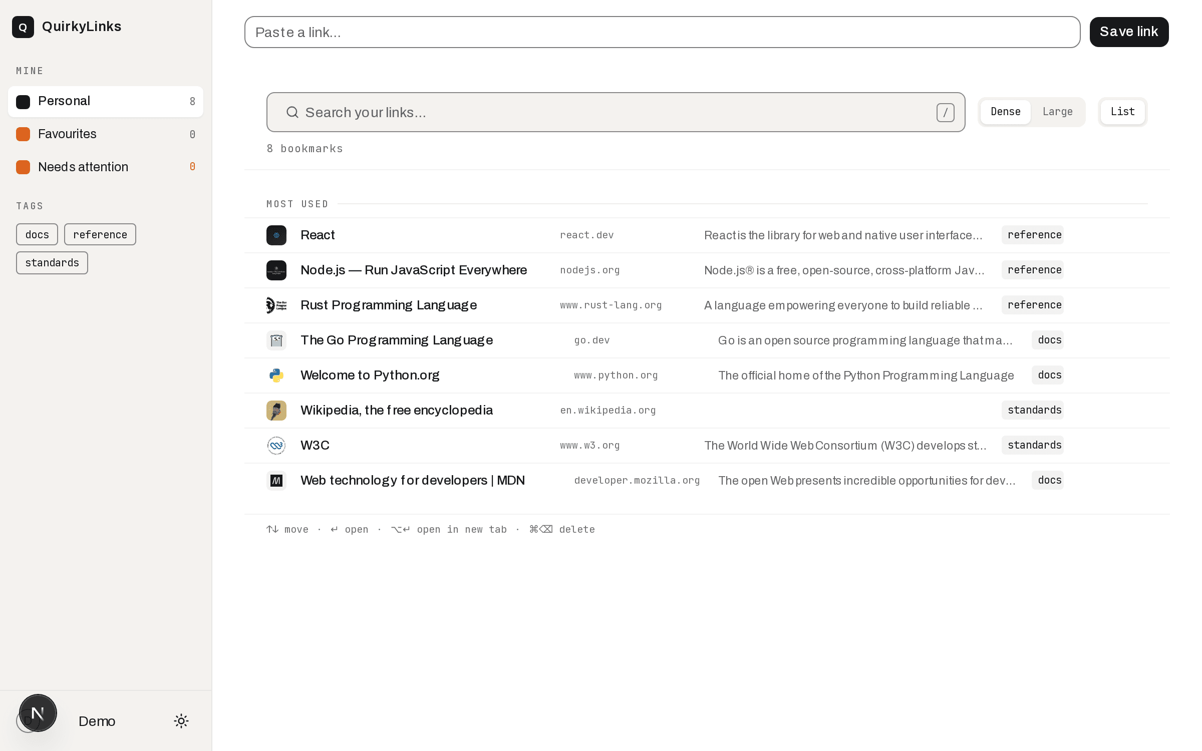 QuirkyLinks dashboard showing a list of saved links with titles, favicons and tags